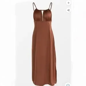 brown slip dresses Satin Cowl Slip Wrap Midi Dress Rust Brown